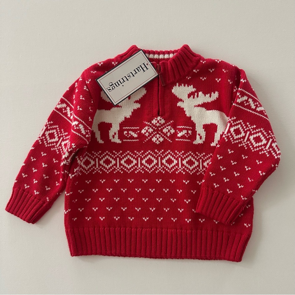 Hartstrings 12 Months Baby Boy Holiday Christmas Red Fair Isle Moose Sweater NWT